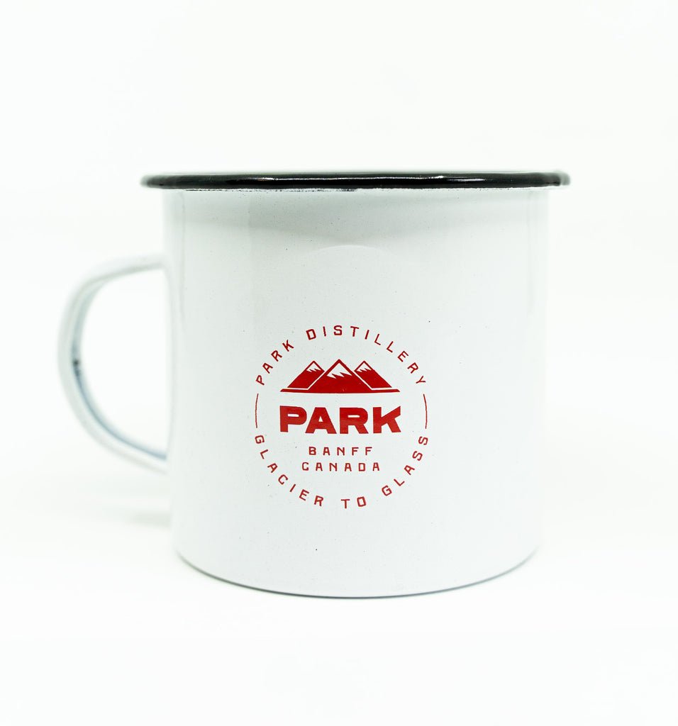 White enamel mug with Red Park mountain logo